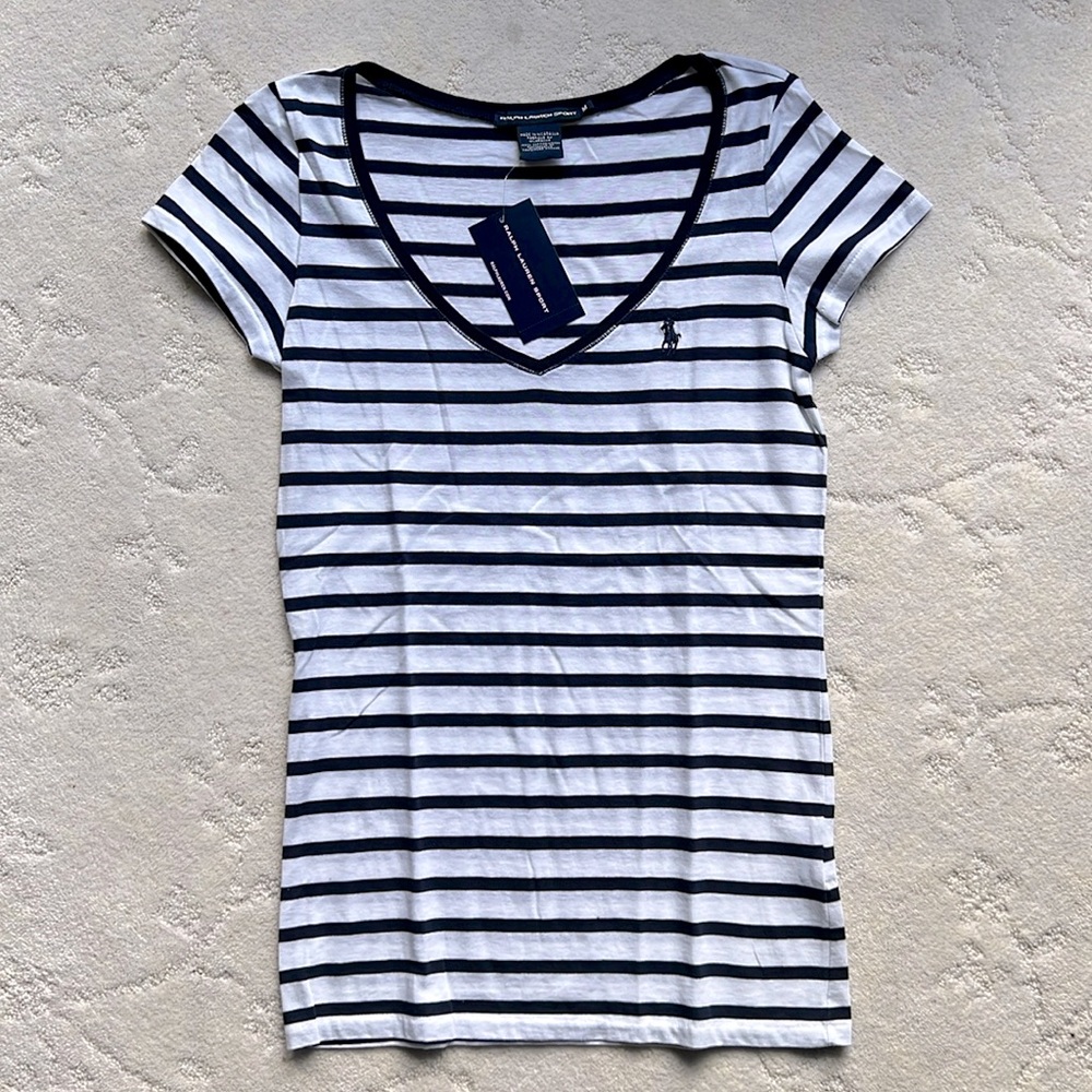 NWT Ralph Lauren Navy Blue & White VNeck Short Sleeve Light Weight Tee